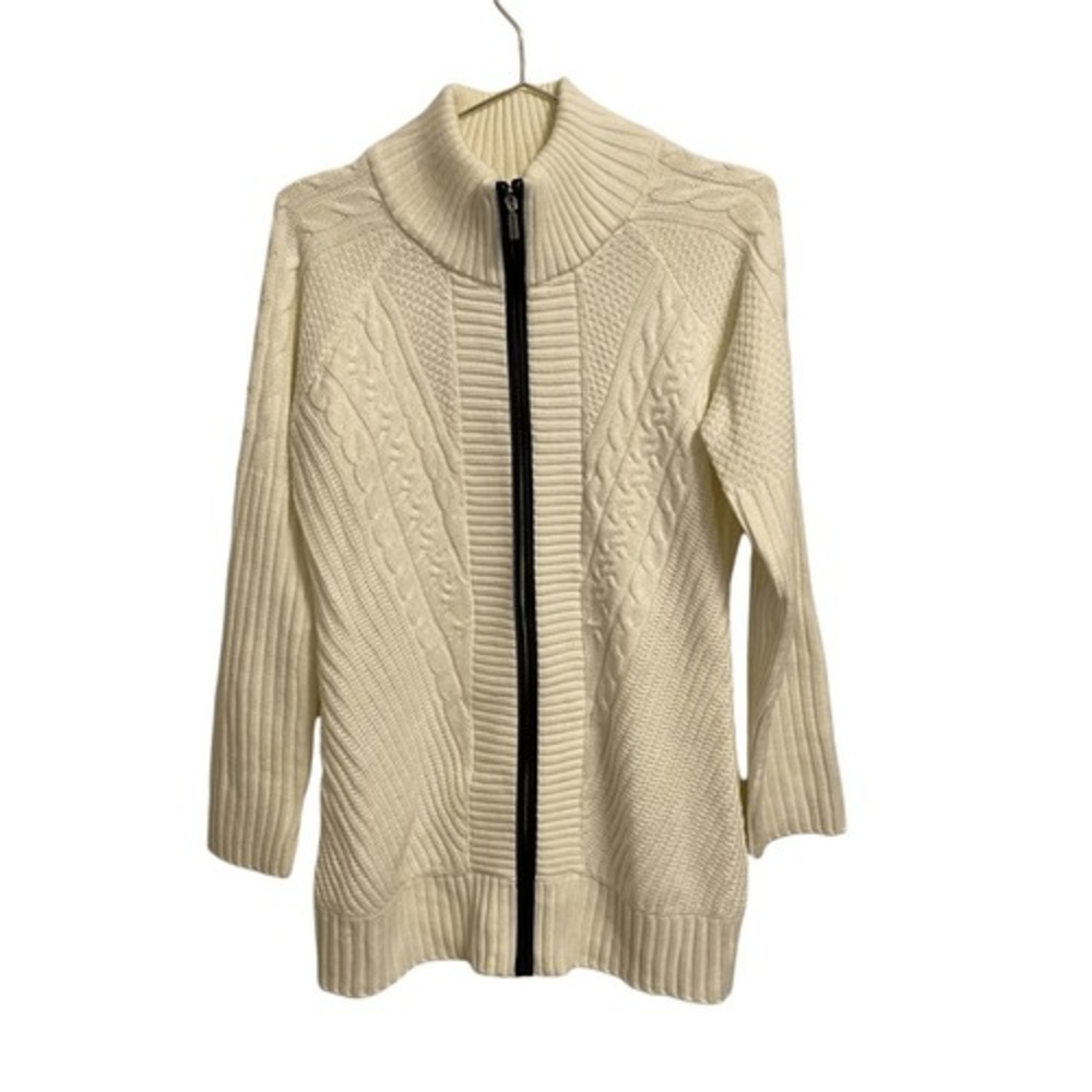 Venus Womens Ivory Mixed Cable Knit Full Zip Mock Neck Cardigan Sweater Size M